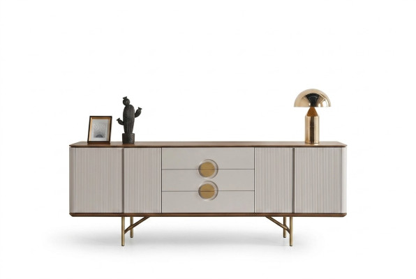 Perfecte eetkamerset bestaat uit beige dressoir en spiegel, 2-delig, nieuw.
