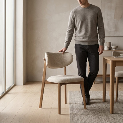 Stijlvolle comfortabele eetkamerstoel in beige van kwaliteitshout.
