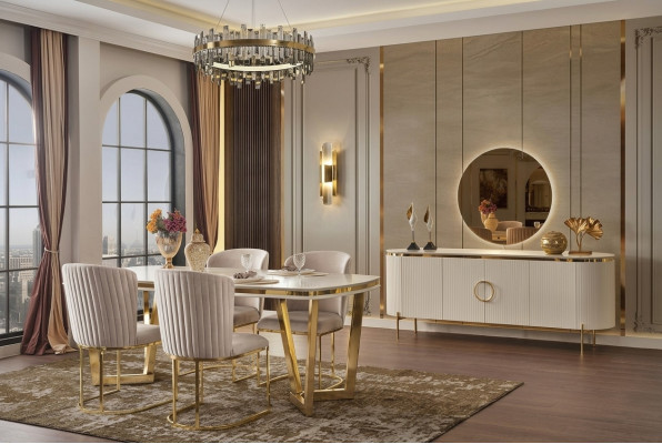Eetkamer set bestaat uit design eettafel 4x stoelen en dressoir 7 dlg.