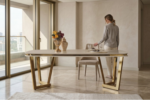 Eettafel Eetkamer Hout Eettafels Stijl Modern beige Design Roestvrij staal