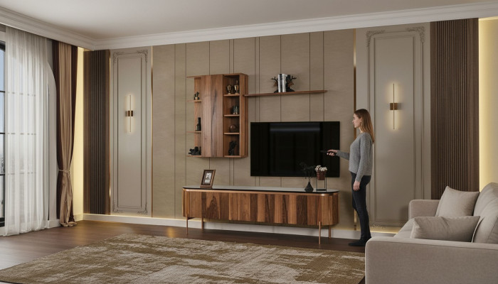Perfecte woonkamerset bestaande uit bruin tv-lowboard en wandkast.
