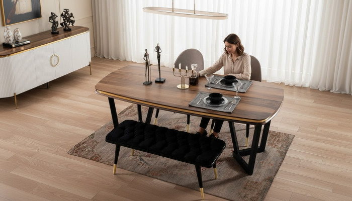 Eetkamer set bestaande uit eettafel+4x stoelen en bank bruin kleur 6-delig.