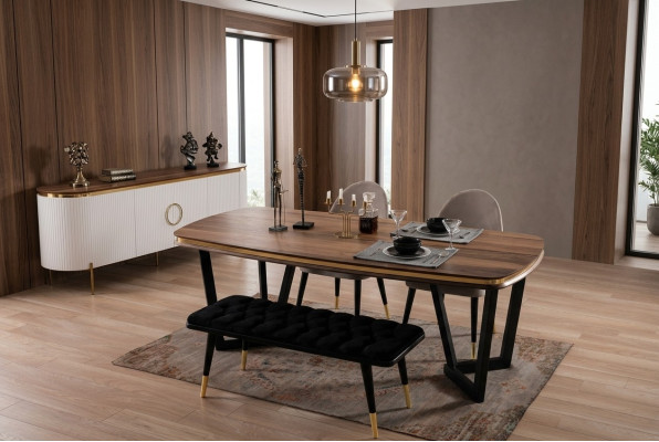 Eetkamer set bestaande uit eettafel+4x stoelen en bank bruin kleur 6-delig.