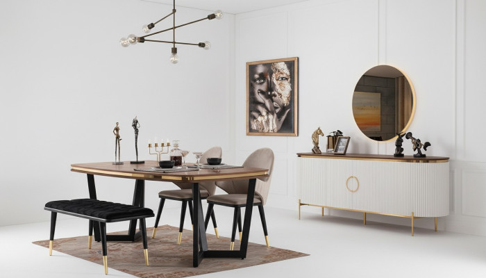 Eetkamerset bestaat uit eettafel 4x stoelen bank dressoir spiegel 8-delig.