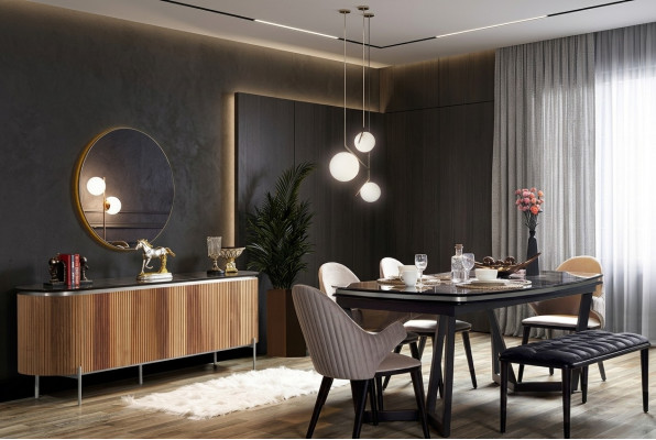 Elegante 8-delige eetkamerset Eettafel 4x stoelen Dressoir Spiegel Bank nieuw