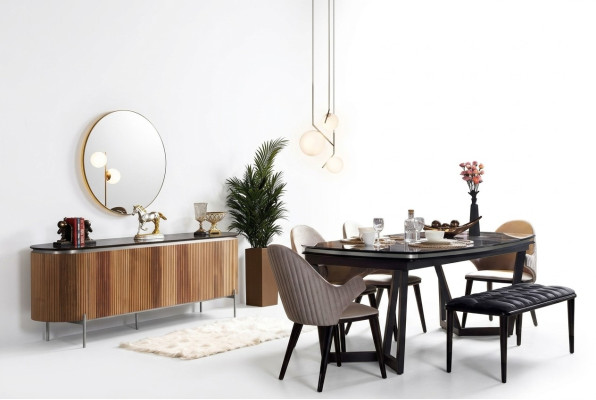 Elegante 8-delige eetkamerset Eettafel 4x stoelen Dressoir Spiegel Bank nieuw