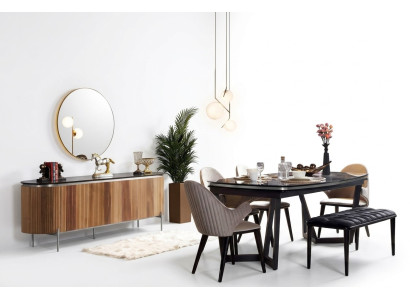 Elegante 8-delige eetkamerset Eettafel 4x stoelen Dressoir Spiegel Bank nieuw