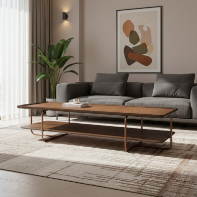 Bruine woonkamer houten salontafel met roestvrijstalen poten. Elegante salontafel.