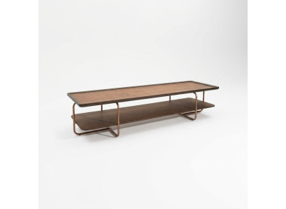 Bruine woonkamer houten salontafel met roestvrijstalen poten. Elegante salontafel.