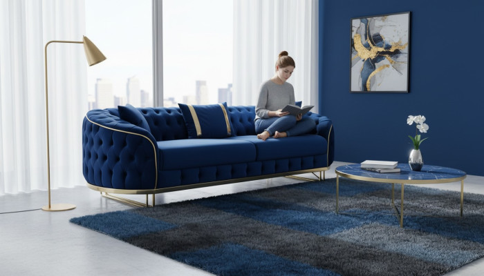 Blauw Chesterfield bankstel Designer woonkamer Driezitsbank Roestvrijstalen meubels