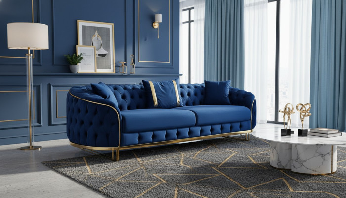 Blauw Chesterfield bankstel Designer woonkamer Driezitsbank Roestvrijstalen meubels