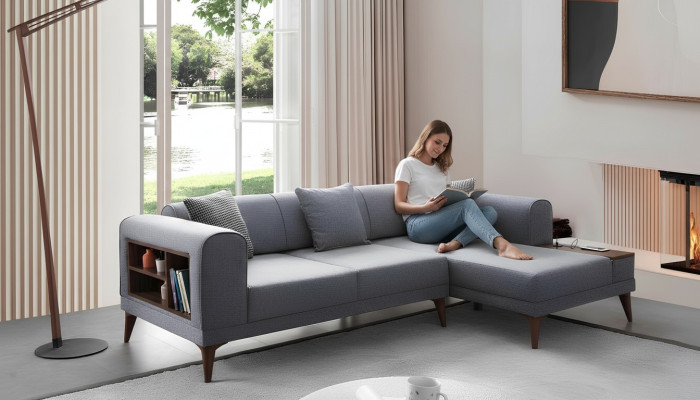 Grijze woonkamer L-vorm bank bekleding hoekbank design woonkamer bank