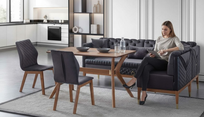 Zwart-bruine eetkamerset Chesterfield hoekbank design eettafel
