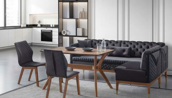 Zwart-bruine eetkamerset Chesterfield hoekbank design eettafel