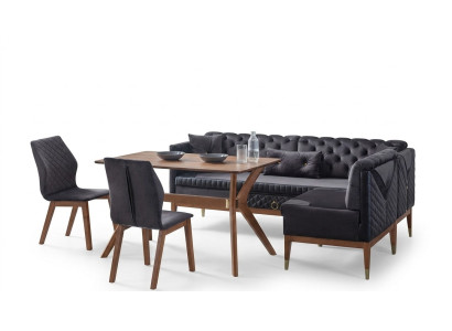 Zwart-bruine eetkamerset Chesterfield hoekbank design eettafel