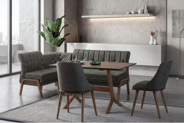 Grijze eetkamerset houten eettafel 2x gestoffeerde stoelen hoekbank 4-delige set