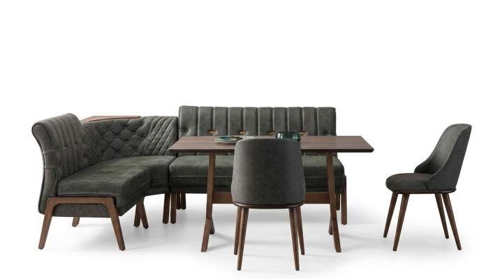 Grijze eetkamerset houten eettafel 2x gestoffeerde stoelen hoekbank 4-delige set