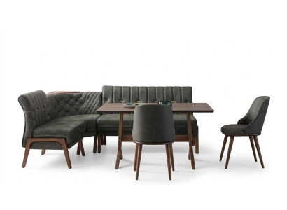 Grijze eetkamerset houten eettafel 2x gestoffeerde stoelen hoekbank 4-delige set