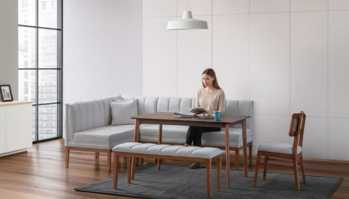 Wit-bruin eetkamer set Stijlvolle houten tafel Gestoffeerde hoekbank Nieuw