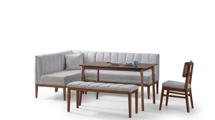 Wit-bruin eetkamer set Stijlvolle houten tafel Gestoffeerde hoekbank Nieuw