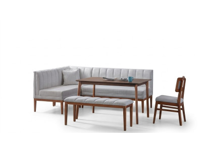 Wit-bruin eetkamer set Stijlvolle houten tafel Gestoffeerde hoekbank Nieuw