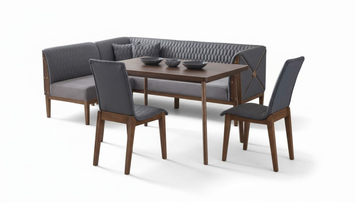 Stijlvolle grijze eetkamerset, bruine eettafel, 2 eetkamerstoelen, bank.