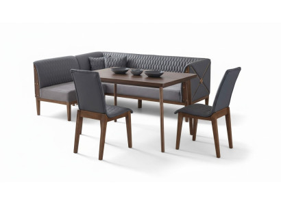 Stijlvolle grijze eetkamerset, bruine eettafel, 2 eetkamerstoelen, bank.