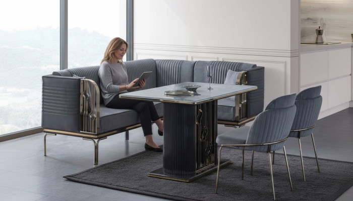 Exclusieve grijze eetkamerset luxe roestvrijstalen tafel 2x textiel stoelen