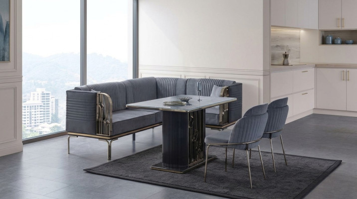 Exclusieve grijze eetkamerset luxe roestvrijstalen tafel 2x textiel stoelen