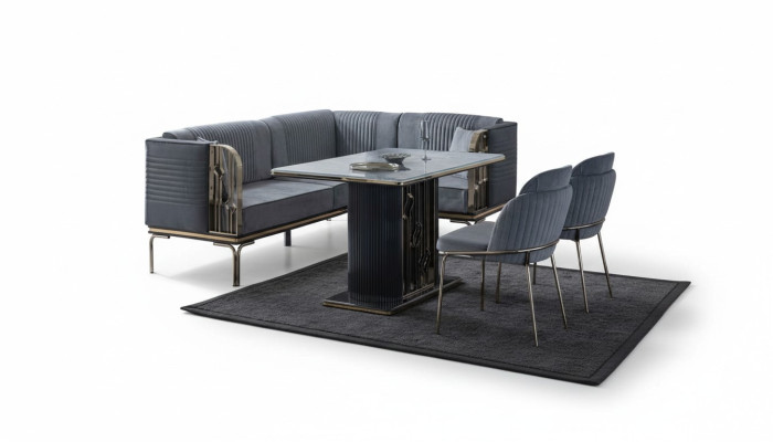 Exclusieve grijze eetkamerset luxe roestvrijstalen tafel 2x textiel stoelen