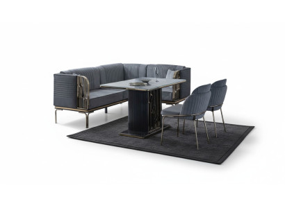 Exclusieve grijze eetkamerset luxe roestvrijstalen tafel 2x textiel stoelen