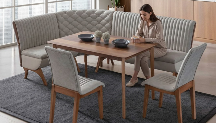 Ontwerper Lichtgrijze eetkamer set gestoffeerde hoekbank 2x stoelen eettafel