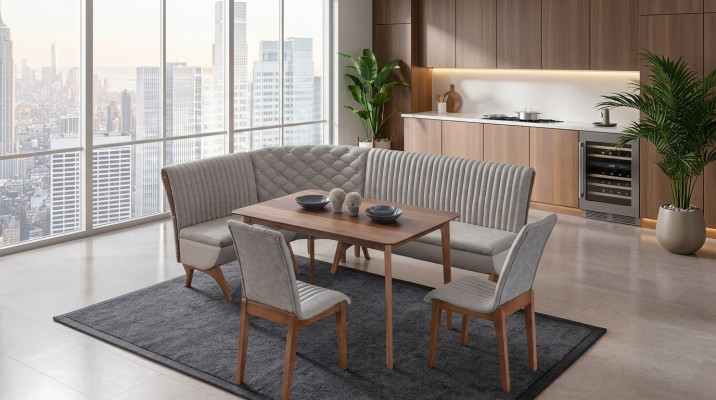 Ontwerper Lichtgrijze eetkamer set gestoffeerde hoekbank 2x stoelen eettafel