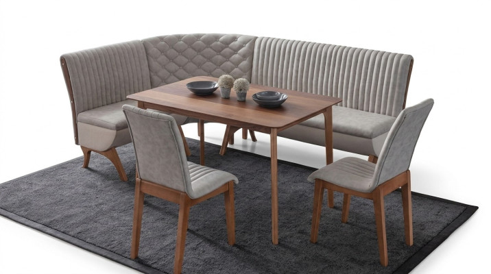 Ontwerper Lichtgrijze eetkamer set gestoffeerde hoekbank 2x stoelen eettafel