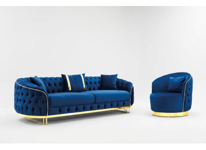 Ontwerper Blauw Kleur Woonkamer Set bestaande uit een 3-zitsbank en een fauteuil 2-delig.