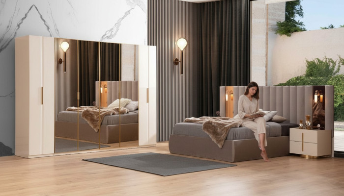 Beige slaapkamer set Ontwerpersbed Kledingkast 2x nachtkastjes