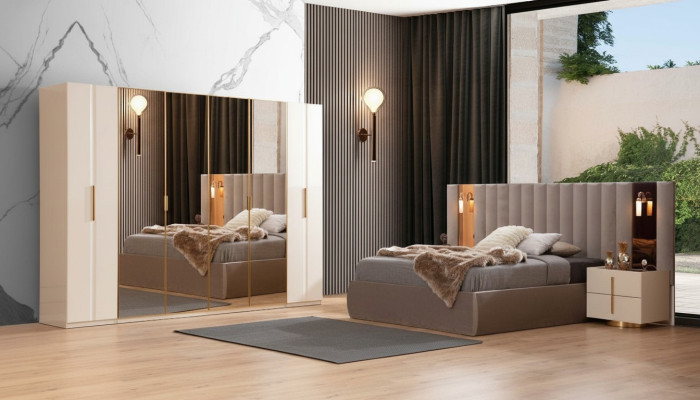 Beige slaapkamer set Ontwerpersbed Kledingkast 2x nachtkastjes