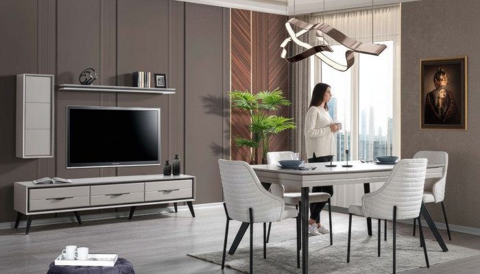 Moderne witte eetkamer set lage kast 6x stoelen eettafel plank 10-delig