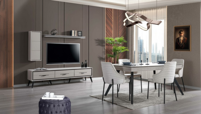 Moderne witte eetkamer set lage kast 6x stoelen eettafel plank 10-delig