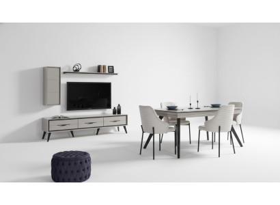 Moderne witte eetkamer set lage kast 6x stoelen eettafel plank 10-delig
