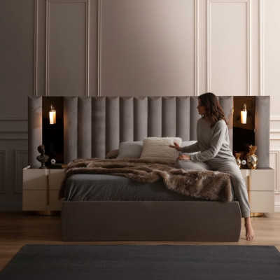 Bruine slaapkamer set Designer tweepersoonsbed Wit 2x nachtkastjes 3-delig