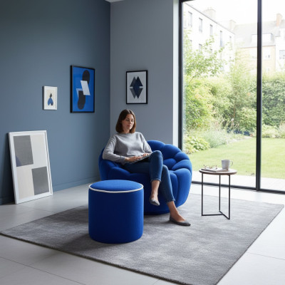 Blauwe fauteuil ontwerper woonkamerset 2-delig Exclusieve gestoffeerde poef