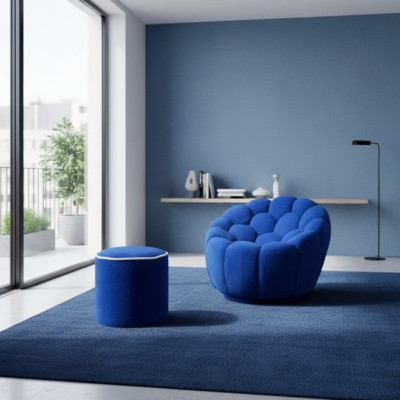 Blauwe fauteuil ontwerper woonkamerset 2-delig Exclusieve gestoffeerde poef