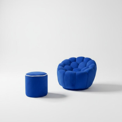 Blauwe fauteuil ontwerper woonkamerset 2-delig Exclusieve gestoffeerde poef