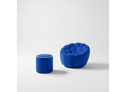 Blauwe fauteuil ontwerper woonkamerset 2-delig Exclusieve gestoffeerde poef