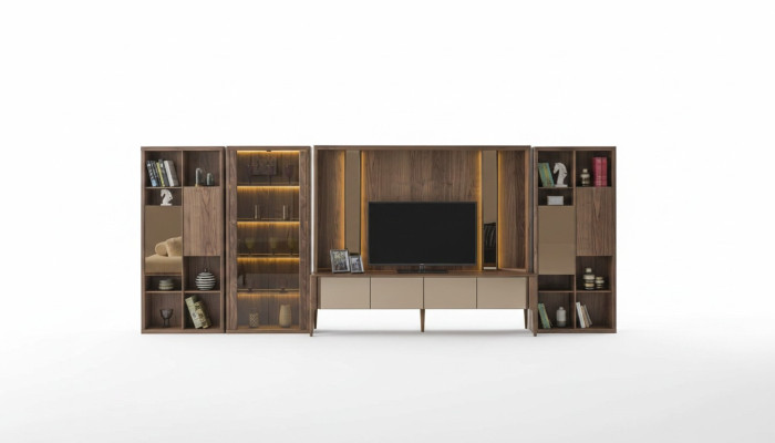 Moderne bruine woonkamer wandkast houten wand Mux LED-planken woonwanden
