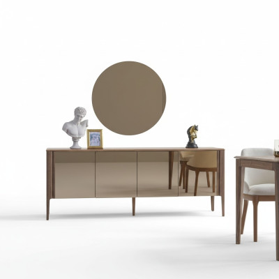 Bruine eetkamer glazen dressoir Moderne spiegel Compleet 2-delige set Nieuw