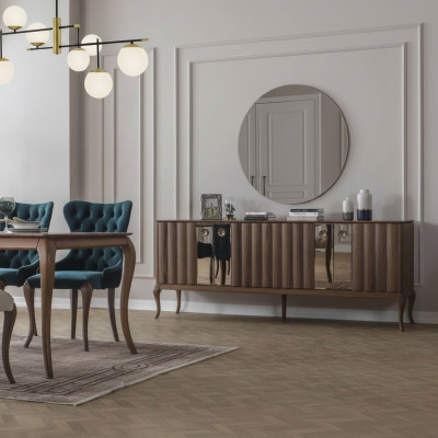 Bruine 4-deurs dressoir Luxueuze spiegel Eetkamer houten meubels 2-delig