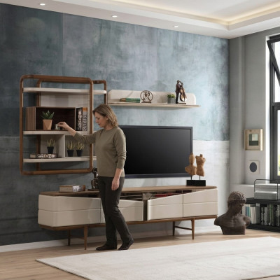 Beige woonkamerset RTV-lage kast 2x planken hout designmeubels.