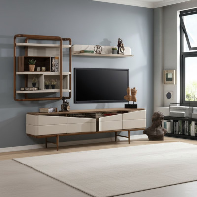 Beige woonkamerset RTV-lage kast 2x planken hout designmeubels.
